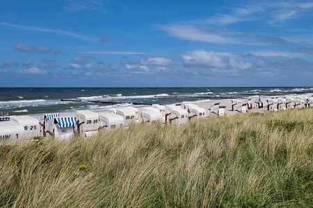 Die Aufnahme zeigt eine klassische Szene an der Ostsee mit weißen Strandkörben auf sandigem Boden.